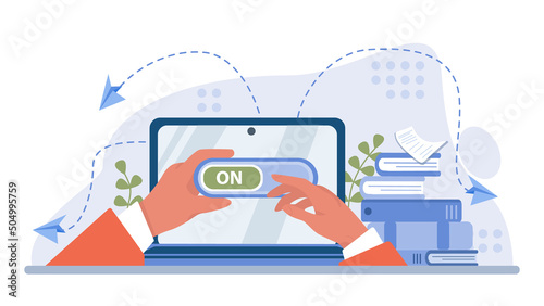 Online communication concept. Characters with smart digital technologies.