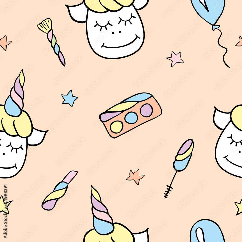 Seamless pattern vector with unicorns fanny cute cartoon style with cosmetics. Magic fairytale concept. Ideal for kids fabric, printing, decoration.