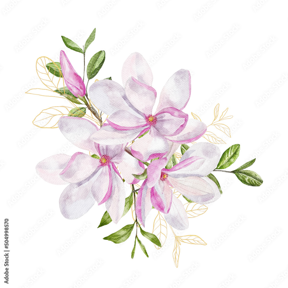 Obraz premium Watercolor botanical composition with pink magnolia flowers 
