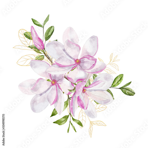 Watercolor botanical composition with pink magnolia flowers 