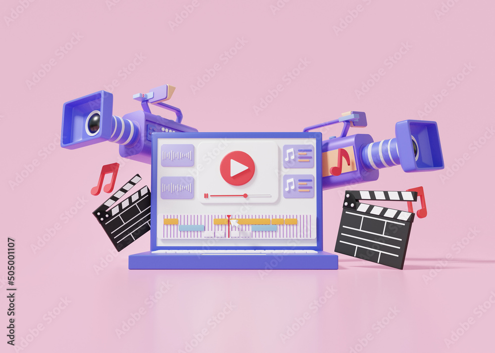 Laptop mockup movie camera video editing and cuts footage Sound Music via  computer Cartoon cute smooth on pink background, motion, vlog, movie  clapper board, 3d render illustration Stock Illustration | Adobe Stock