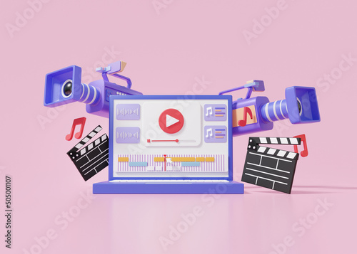Laptop mockup movie camera video editing and cuts footage Sound Music via computer Cartoon cute smooth on pink background, motion, vlog, movie clapper board, 3d render illustration