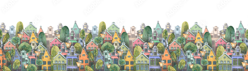 Panorama of the old European city, with colorful houses, trees, lanterns. Watercolor, seamless. For decoration, design of banners, postcards, souvenirs, objects, wallpaper, fabric, textiles.