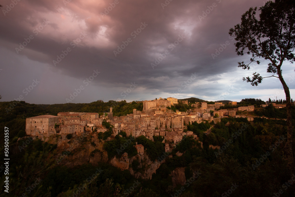 Sorano, Grosseto, Tuscany, Italy, medieval hill town at sunset