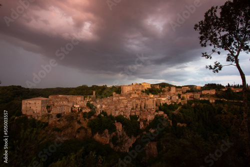 Sorano, Grosseto, Tuscany, Italy, medieval hill town at sunset