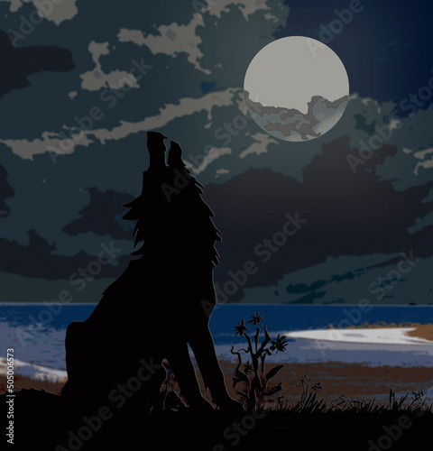 The silhouette of a howling wolf on a dark foggy background and a full moon or the silhouette of a Wolf howling at the full moon. Halloween horror concept.,  