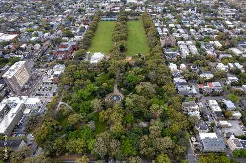 Aerial drone view of Forsythe Park in Savannah, Georgia, one of the city's most popular parks and attracts locals and tourists photo