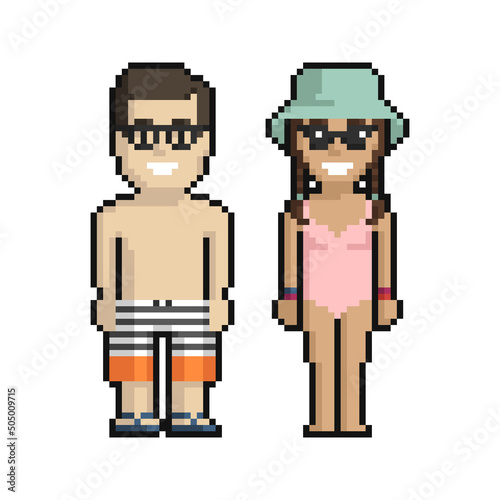 Pixel art set of cute boy and girl on the beach in summer on a white background.