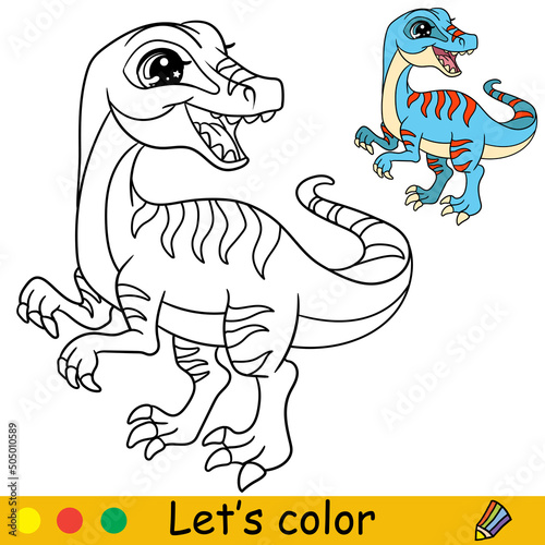 Cartoon standing Velociraptor coloring book page vector