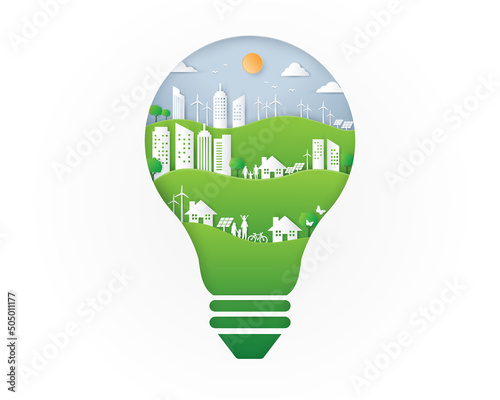 ecology friendly light bulb shape with green city. save ecosystem environment and energy concept. eco friendly world day. sustainable recycled building. Vector illustration paper cut style.