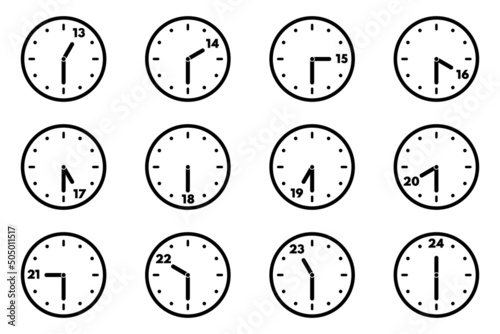Set of analog clock icon for every hour and half. 24 hour clock. Half past hours version