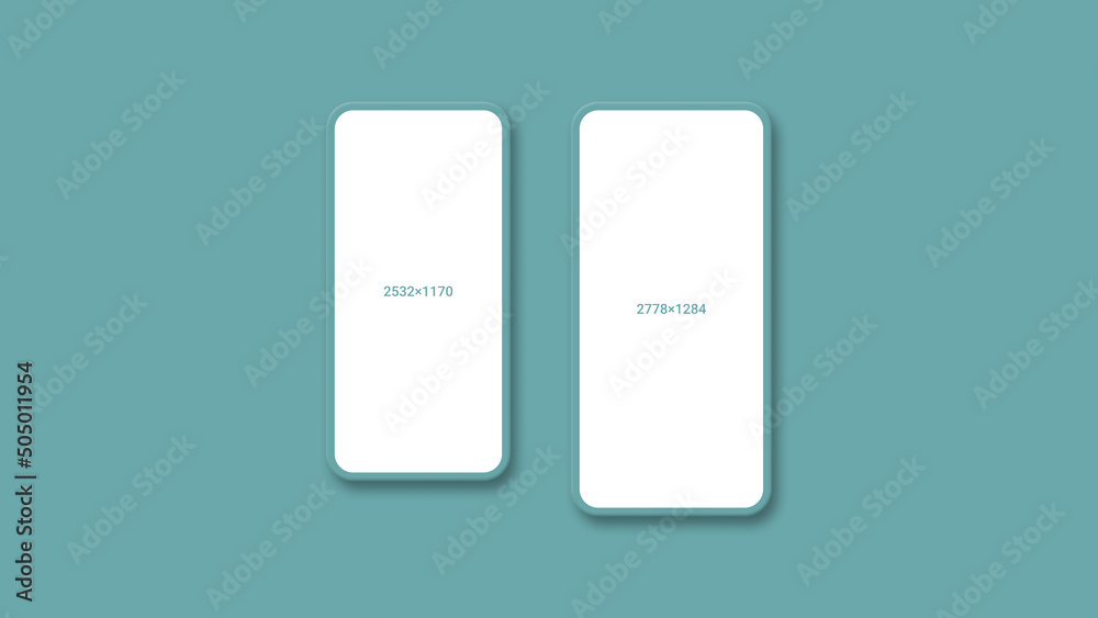 Mockup of two Iphone 13 flat screens isolated on blue background. Screen size in pixels 2778x1284 and 2532x1170. 3d render Mockup of two Iphone 13 flat screens isolated on blue background. Screen size in pixels 2778x1284 and 2532x1170. 3d render