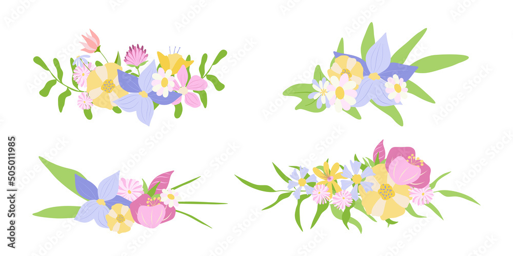 Four bouquets with detailed flowers. Vector illustration