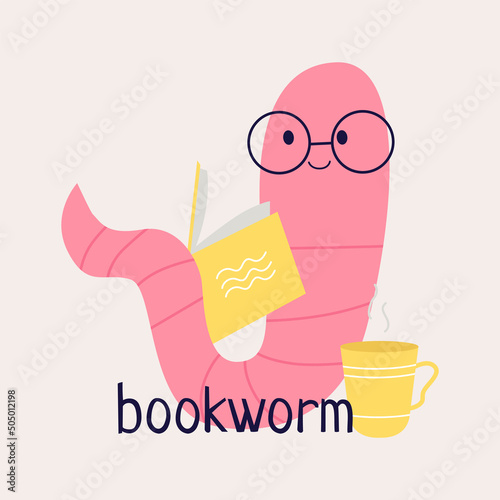 Bookworm.Read more books. A set of different bookworm in glasses and books. Hand-drawn educational vector illustrations.  Cartoon style