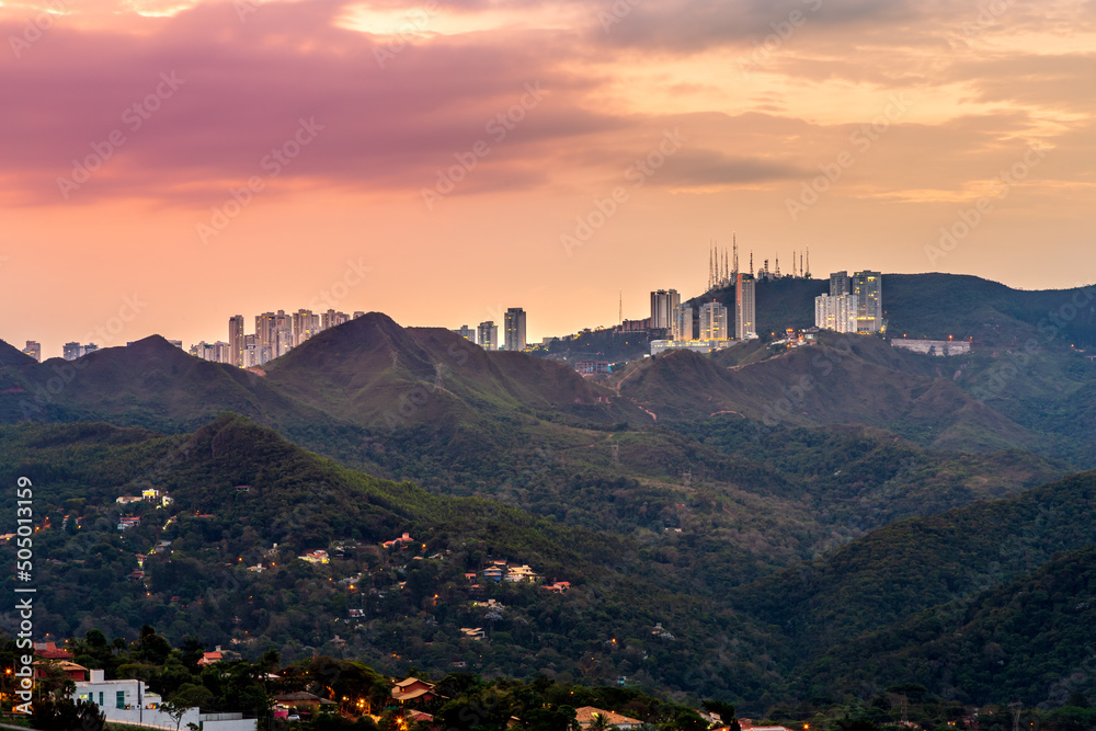 Sunset view of Nova Lima, Minas Gerais, Brazil. - obrazy, fototapety, plakaty 