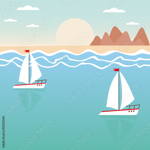 Seascape. Sailboats at sea. Sunset on the beach.