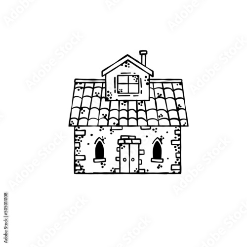 European Medieval house. Village building. Old house with chimney. Cartoon retro illustration.