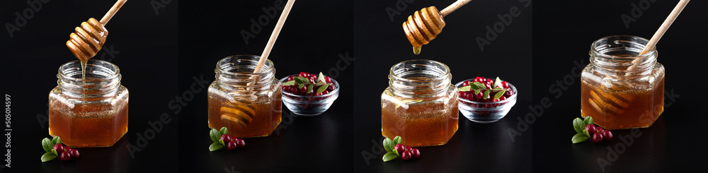 Honey pouring into a jar and lingonberries on a black background Honey pouring into a jar and lingonberries on a black background