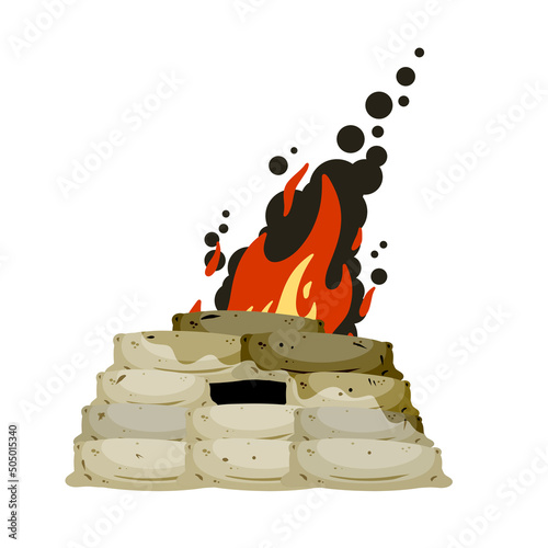Barricade on fire. Flames in sandbag fortification. Modern warfare. War and assault. Destruction and annihilation.