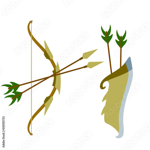Bow and arrow. Taut bowstring. Fantastic weapons. Set of objects. Flat cartoon illustration. Shooting and hunting element