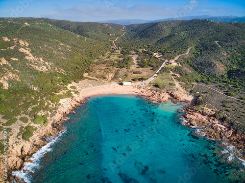 Aerial view of stunning cove Cala Sarraina Beach in Sardinia Italy photo