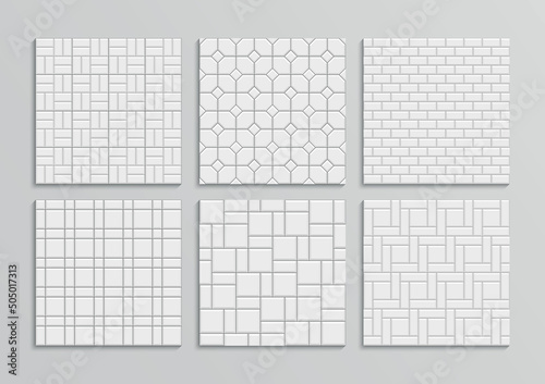 Paved floor. Slab pavement. Set seamless street textures. Paver tile. Decorative cobblestone print. Road pattern. City stone surface. Mosaic sidewalk. Garden footpath top view. Vector illustration.