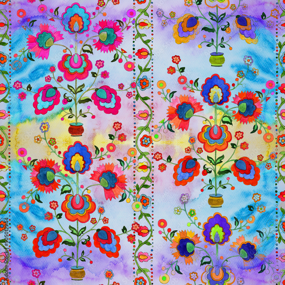 Naklejka premium The tree of life is a Ukrainian ethnic motif. Seamless pattern. Decorative composition with floral motifs. Watercolor. Wallpaper. Use printed materials, signs, posters, postcards, packaging.