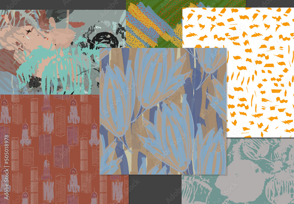 Seamless Pattern Set with Hand Drawn Floral Elements Stock Template ...