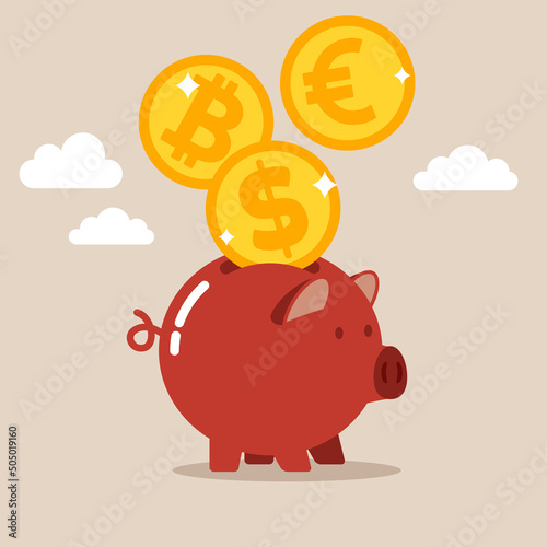 Piggy bank with falling coins into slot of piggy bank. Depositing money into banking account. Currency income finance management economy isolated. Savings concept vector flat illustration.