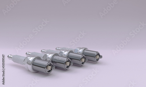 3d illustration, metal spark plug for cars, light background, copy space, 3d rendering