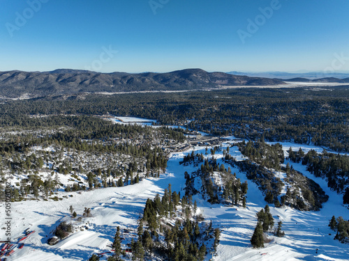 Aerial view of mountain ski resort with beautiful winter landscape in Big Bear Lake