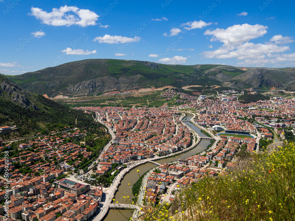 View of Amasya city from Amasya castle on a sunny spring day