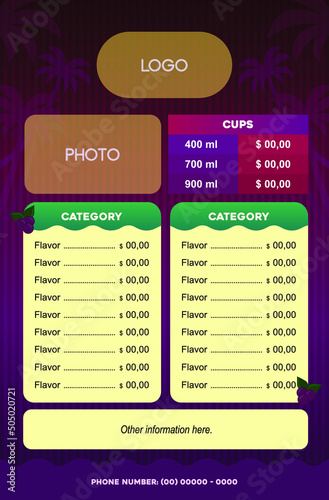 Menu for acai or drinks