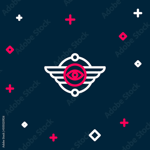 Line Egyptian symbol Winged sun icon isolated on blue background. Colorful outline concept. Vector