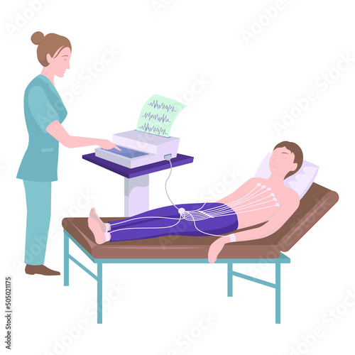 ECG device. Nurse doing medical examination. The patient lies on the bed. Vector flat illustration