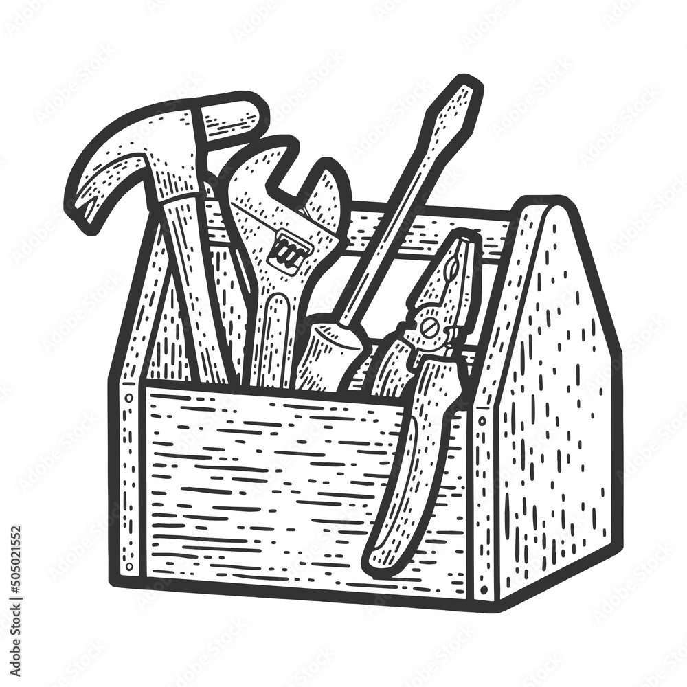 Toolbox sketch engraving vector illustration. T-shirt apparel print design. Scratch board imitation. Black and white hand drawn image. - obrazy, fototapety, plakaty 