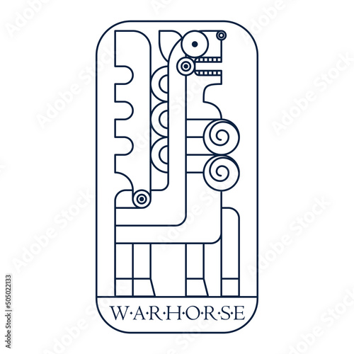 Winged warhorse with a metal breastplate. Line art manuscript card