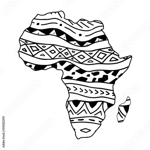 Vector illustration of Africa with ethnic tribal African style ornament pattern. Hand drawn black and white horizontal stripes. Simple artistic map of African continent. photo