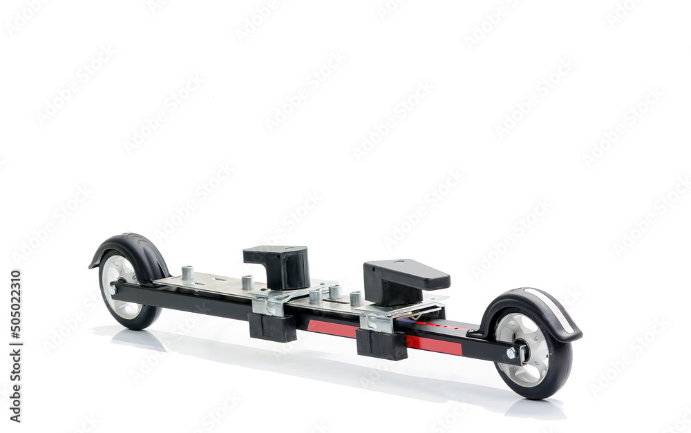 Roller ski service. Conductor on a roller ski for mounting fasteners on a white background