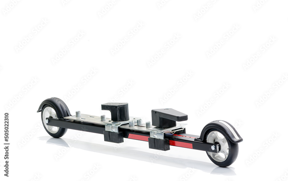 Roller ski service. Conductor on a roller ski for mounting fasteners on a white background Roller ski service. Conductor on a roller ski for mounting fasteners on a white background