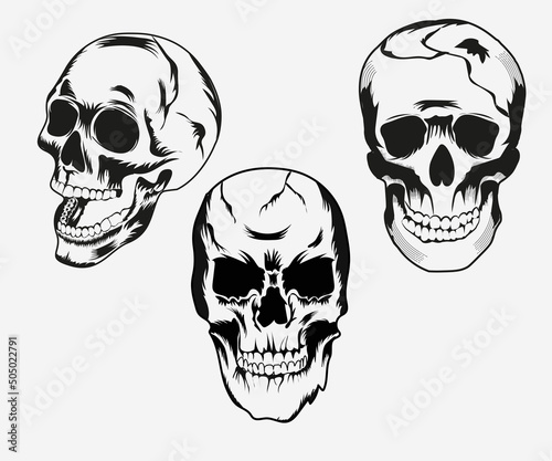 Set of human skull black vintage illustration with white background for t-shirt, logo, emblem, sign, poster and print items