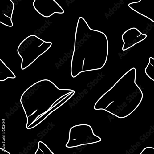 Vector illustration. Bright flying seamless pattern with simple contour panama silhouettes. Black and white endless background. Flat style. Background design for advertising and typographic products.