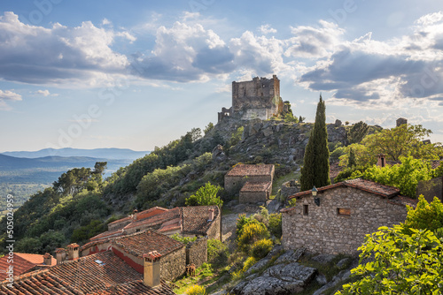 Trevejo village with the remains of the castle in the background, Caceres, Spain