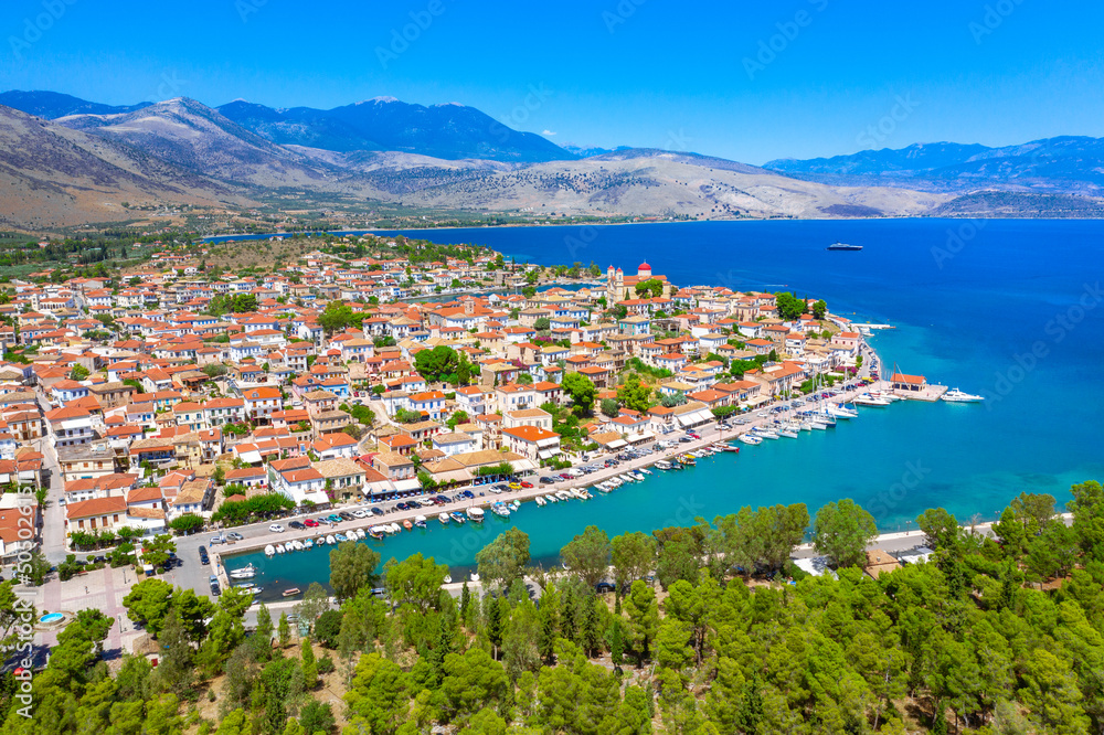 view of Galaxidi village with colorful buildings, Greece
