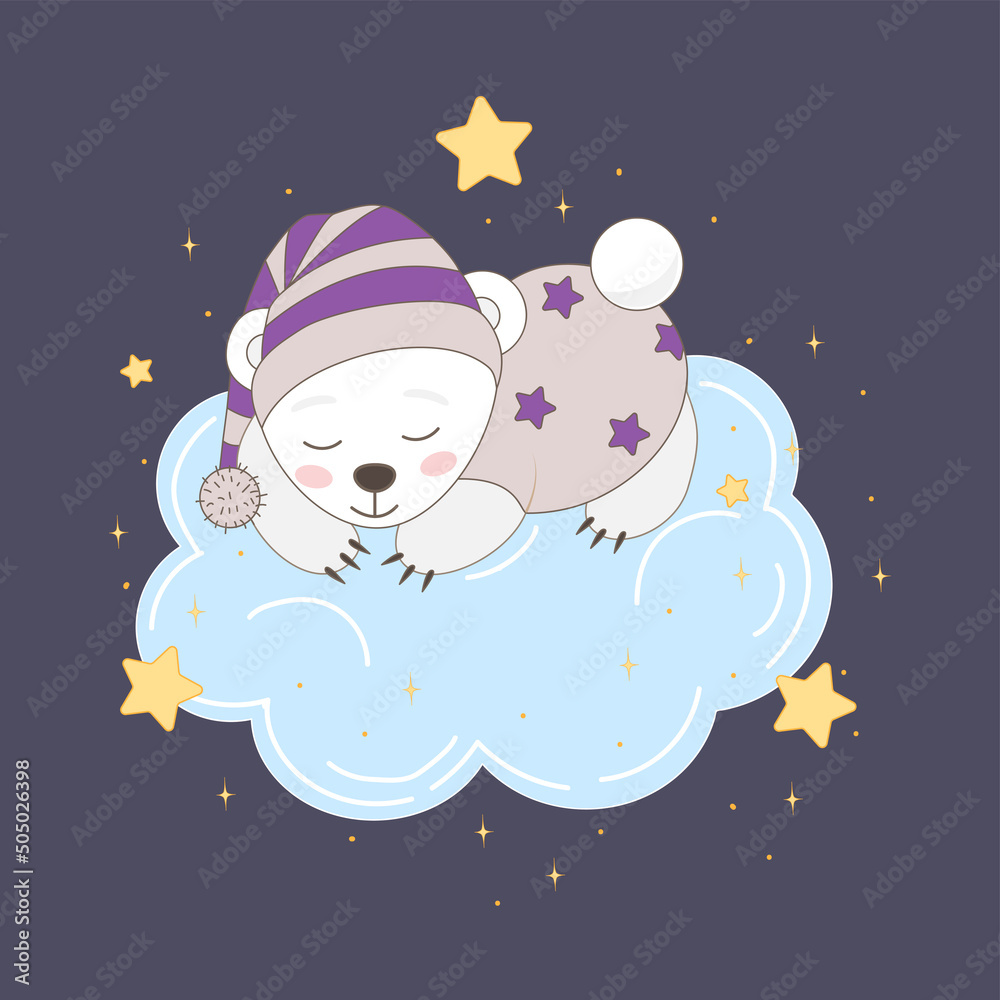 Cute little bear sleeping on the cloud cartoon style