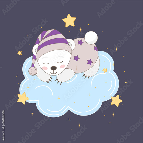 Cute little bear sleeping on the cloud cartoon style