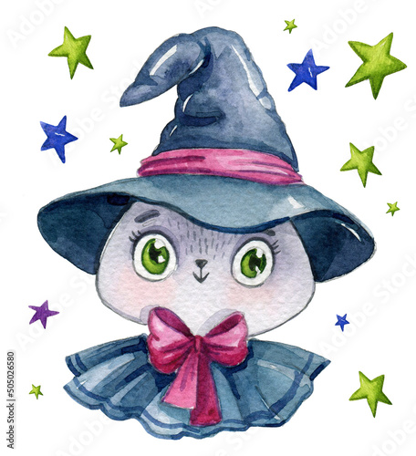 Watercolor Halloween cat head postcard, a cute smailing cat with big green eyes wearing in witch Halloween hat. Kids style photo