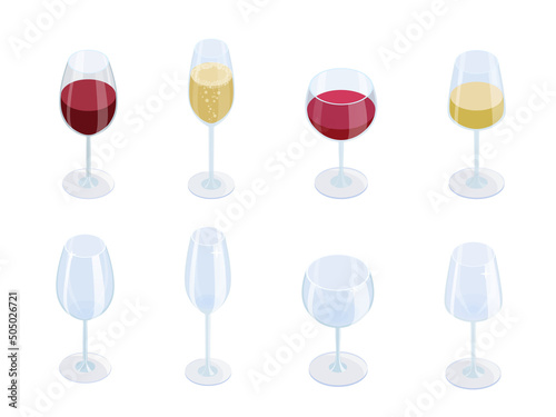 Empty and full glasses of wine isometric vector set on white