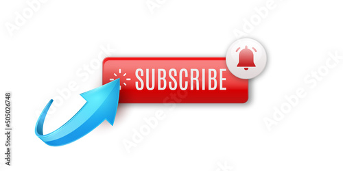 Realistic glossy subscribe button with blue arrow.