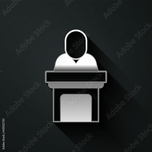Silver Church pastor preaching icon isolated on black background. Long shadow style. Vector